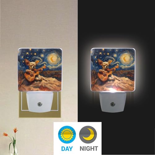 Image of Dog Play Guitar Night Lights 2 Pack Plug-in Wall Led Nightlight Auto Dusk-to-Dawn Sensor Lamps for Bedroom Kitchen Bathroom