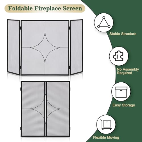 FEED GARDEN 3 Panel Fireplace Screen 48\" W x 27.5\" H Modern Foldable with Wrought Metal Decorative Mesh,Arch Heavy Duty Fire Spark Guard Cover for Home Decor Indoor, Black - Thumbnail 3