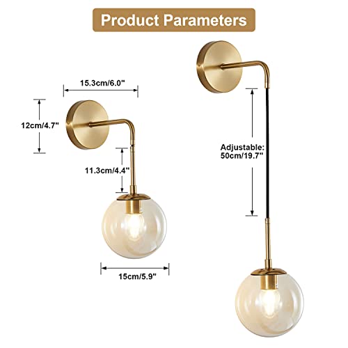 Image of KCO Lighting Modern Gold Globe Wall Sconce Mid Century Raw Brass Round Glass Wall Mounted Light Minimalist Vanity Adjustable Cord Wall Lamp for Bathroom Mirror Bedside Stairs (Amber)