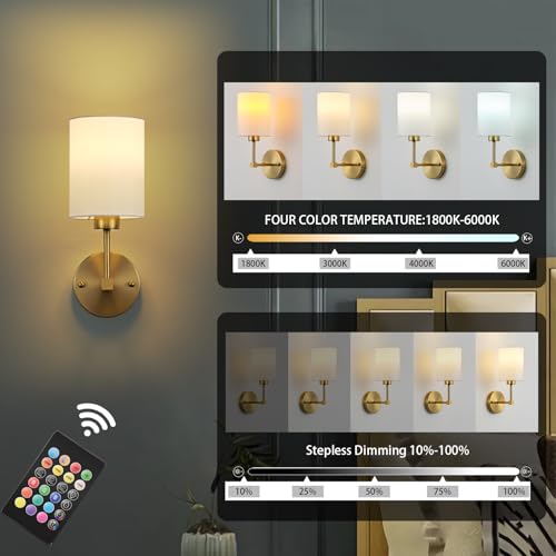 Image of Battery Operated Wall Sconce Set of Two,Wireless Rechargeable Wall Light With Remote Control, Dimmable, 1800K /3000K /4000K /6000K /RGB, Timer, for Living Room, Bedroom, Fireplace, TV, 13.5 Inch, Gold