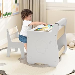 HONEY JOY White Kids Table and Chair Set 3 in 1 Children Wooden Activity Table and Chair for Art Craft Reversible Blackboard Paper Roll Holder Toddler Furniture with Storage Gift for Boys Girls