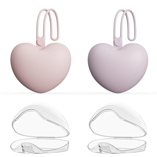 4pcs Pacifier Holder Case Set, 2pcs Silicone Portable Pacifier Pouch and 2pcs Transparent Pacifier Storage Container, Cute Heart Shape Pacifier Storage Case for Newborn Baby（Pink+Purple）