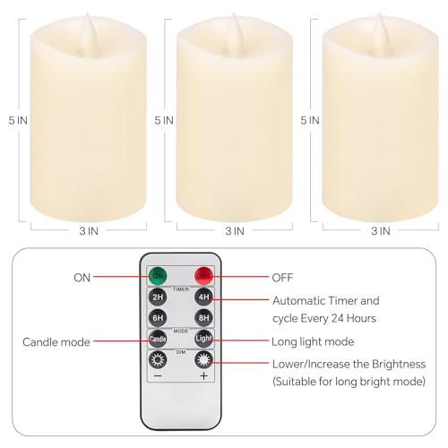 Image of 3PCS, 3 x 5 inches Flameless Candle with Remote Control, 3D Flickering Wick, Real Wax, Battery Candles,with Timer,Battery Powered Candles,for Holiday Home Decor,Ivory