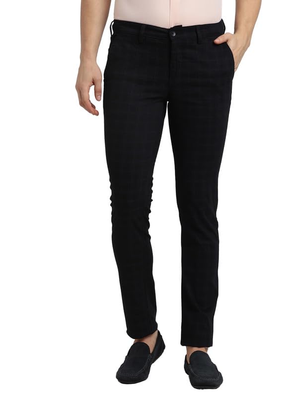 Image of Turtle Men Cotton Stretch Navy Check Narrow Fit Casual Trouser