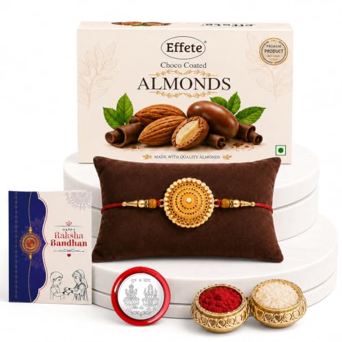 Image of DeoDap Rakhi for Brother with Chocolate - Round Shape Golden Color Rakhi with Almond Chocolate (32 GM) - Silver Color Pooja Coin, Greeting Card & Tilak Set - Tradtional Raksha Bandhan Combo