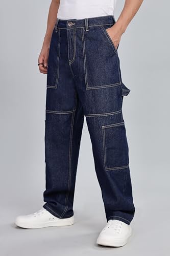 Image of INKD Men's Carpenter Baggy Jeans - Mid-Rise | 100% Cotton | Contrast Stitch| 6 Pocket Styling | Baggy Jeans for Man | Loose fit & Comfortable (Available in Plus Sizes)