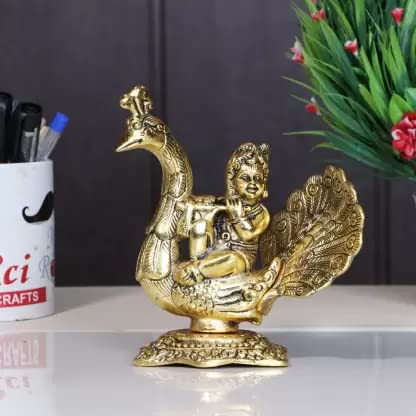 Image of KridayKraft Lord Krishna Sitting on Peacock Metal Statue Krishna Idol Playing Flute Decorative Showpiece - 15 cm (Aluminium, Gold)