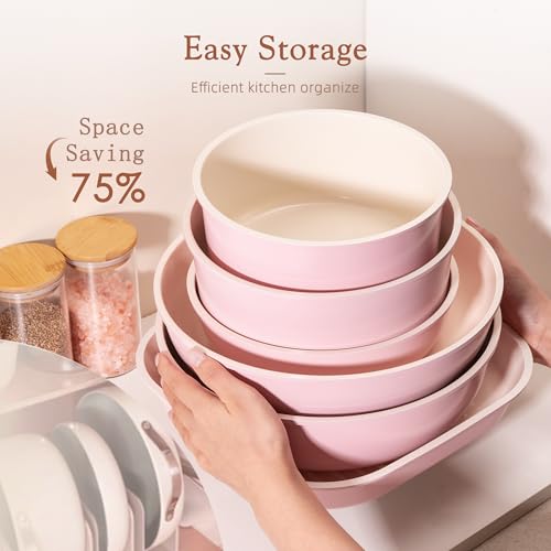Image of Astercook 23 Pcs Pots and Pans Set Non Stick, Ceramic Cookware Set Detachable Handle, RV Kitchen Cooking Set Removable Handles, Oven Safe, Induction Ready, Stackable, Pink, Mothers Day Gifts