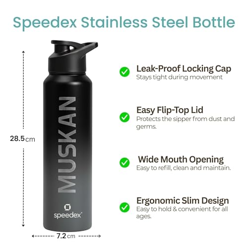 Image of Speedex Engraved Name Stainless Steel Sipper Water Bottle 1 Ltr - Customised Personalised Bottle for Kids & Adults, School, Gym, Sports, Black, Set of 1 (Black Grey, Set Of 1)