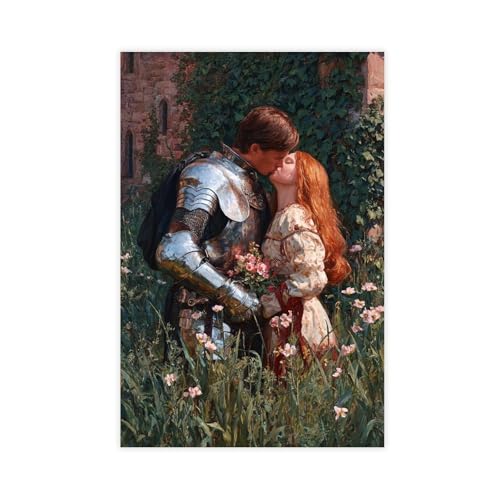 UZWGG 1pcs Unframed Renaissance Canvas Poster Wall Art Knight and Girl Oil Painting Romantic Valentine's Day Couple Kissing Picture Vintage Wall Decor Lover Gift（Canvas Only） 12x18inch(30x45cm)