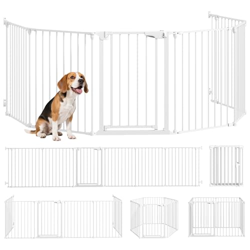 PawHut Barrière de sécurité Pliable et modulable, 366 cm, avec Porte à Double Verrouillage, Parc enclos pour Chien et Enfant, barrière de Protection cheminée en métal, 6 Panneaux, Blanc