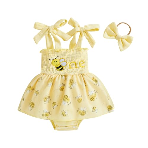 Image of Carolilly Baby Girls 1st Birthday Rompers Dress, First Birthday Tulle Princess 'One' Embroidery Bodysuits with Headband Cake Smash Photo Shoot Clothes (Yellow, 12-18 Months)