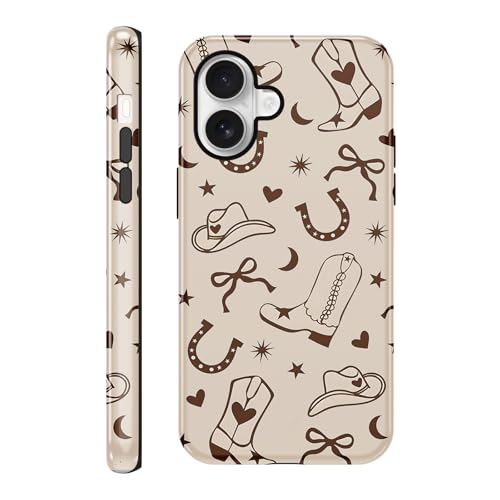 Vulfwela for iPhone 17 6.3''Cowboy Western Phone Case,Chic Unique Brown Bow Stars Cowgirl Boots Pattern Case Fall Prevention Glossy Hybrid 2-Layer Hard Shell Phone Cover for Woman Girls