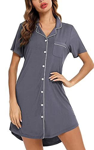Image of Samring Pajama Nightgown for Women Short Sleeve Button Down Boyfriend Night Gown Nightdress Sleep Shirts