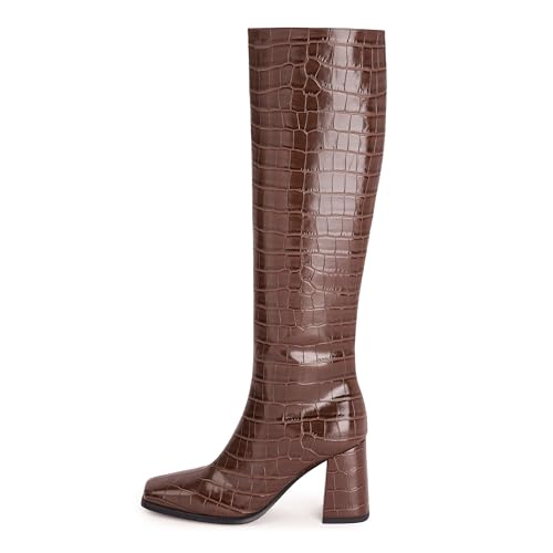 Image of Modatope Knee High Boots Women Chunky Heel Square Toe Fashion Tall Boots | Side Zipper pu Leather Tall Boots,Chunky Heel 70s Gogo Boots,Fashion Heeled Fall Winter Boots,Long Dressy Boots for Women
