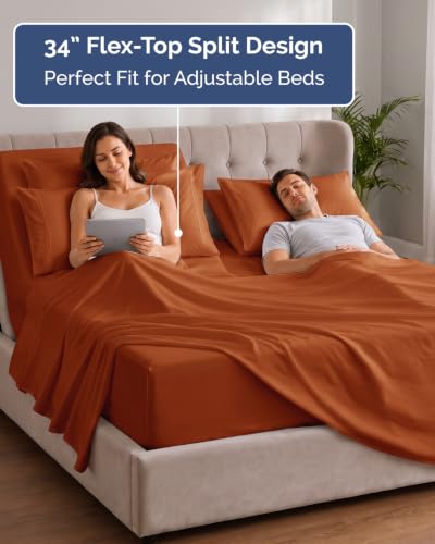 Image of Extra Deep Flex Top Split Head King Sheet Set - 6 Piece Breathable and Cooling Sheets - Hotel Luxury Bedding for Women, Men, Kids & Teens - Easy Secure Fit - Extra Deep Pockets - Terracotta