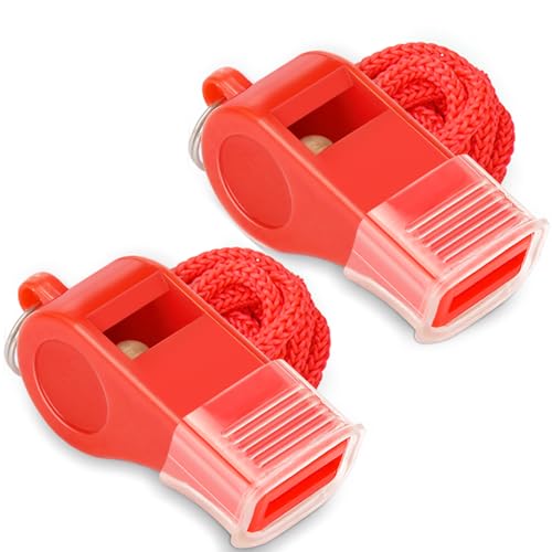 Hipat Red Emergency Whistles with Lanyard & Mouth Grip, Loud Crisp Sound, Plastic Whistle Ideal for Lifeguard, Self-Defense and Emergency