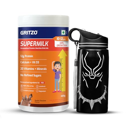 Image of Gritzo SuperMilk Growth+ (10-12y Girl), 400g + Sipper | Double Chocolate | 12g Protein | Includes Black Panther 500ml Sipper | Zero Refined Sugar