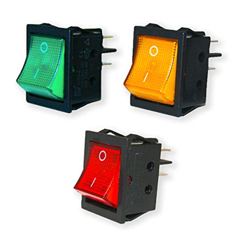 Ensemble de 3 interrupteurs à bascule bipolaires DPST avec voyant lumineux ON-OFF. 4 voies, 16 A, 250 V CA. 3 couleurs : rouge, vert et orange
