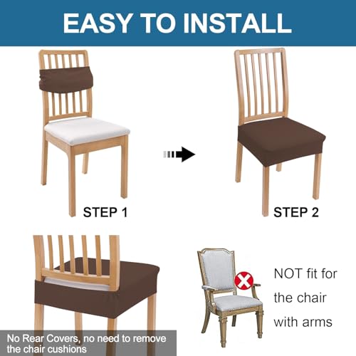 Image of Smiry Waterproof Seat Covers for Dining Room Chairs, No Rear Covers | Stretch Jacquard Removable Washable Chair Seat Slipcovers Protector, Set of 4, Light Chocolate