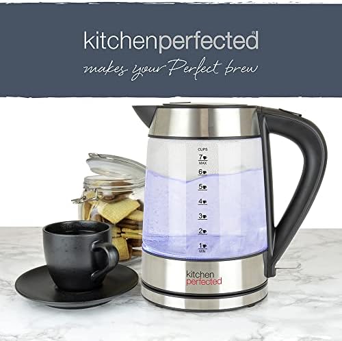Kitchen Perfected Eco-Friendly Blue Illuminating Cordless Glass Kettle - 1.7Ltr, 2200w, Fast and Quiet Boil, 1 Cup in 60 seconds, Only boil what you need, BPA Free - E1401BS