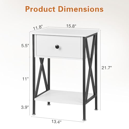 Image of VECELO Nightstands, Modern Bedside End Tables Set of 2, Night Stand with Drawer and Storage Shelf for Living Room Bedroom, Industrial Metal Frame
