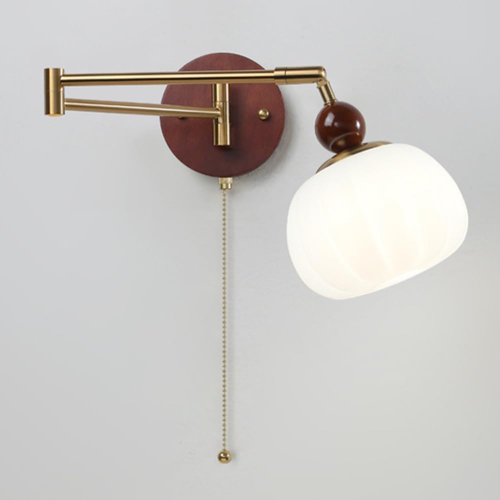 New American Adjustable Swing Arm Wall Lamp Modern Vintage Wall Lighting Fixture With Pull Switch Wall Sconces Walnut Base Nordic Indoor Wall Mounted Lamp For Bedroom Living Room Hallway
