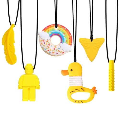 Collares masticables para niños sensoriales, 6 unidades, collares masticables sensoriales amarillos, juguetes para TDAH, autismo, niños pequeños, niñas y adultos, collar masticable de silicona