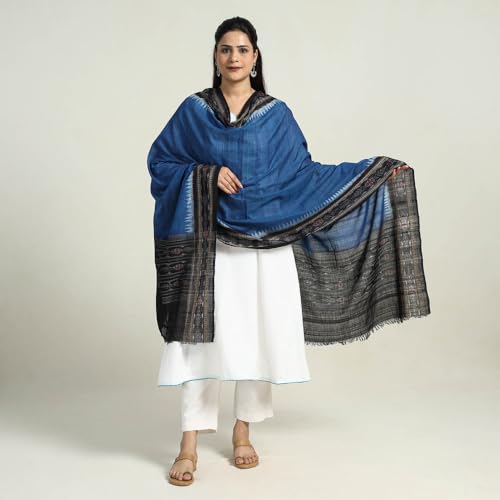 Image of Cotton Dupatta with weaving and Ikat woven border from the Weavers Stole for Girls & Women