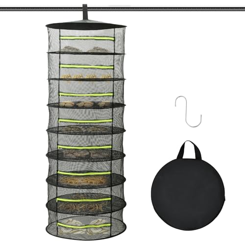 BAODBF 8 Lagiges Trockennetz Kräuter Trocknungsnetz Grow mit Ständer Kräutertrockner Hängend Kräuter Trocknen Netz mit S Haken Klappbar Hängendes Netz für Getrocknetem Blumen Fisch Fleisch Breite 60CM