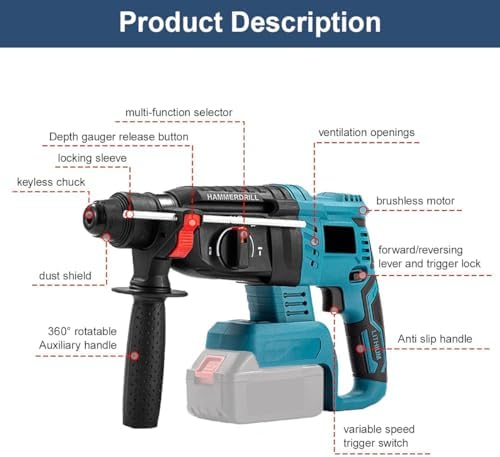 Bild 1 - Akku Bohrhammer für Makita Akku 18V, Bürstenloser Schlagbohrmaschine Stufenlos Regelbare Geschwindigkeit, Hammer Bohr mit 6-tlg., 3-in-1 Bürstenloser Bohrhammer(Ohne Akku)
