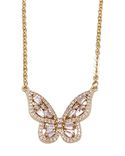 Pink Butterfly Pendant Necklace Pink Zircon Stainless Steel Chain 17.72"3