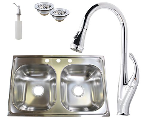 Westbrass S3348S-26 Stainless Steel 50/50 Double Bowl Kitchen Sink Set (Includes: Faucet in Polished Chrome, 2x Basket Strainer and Soap Dispenser) 33" Polished Chrome