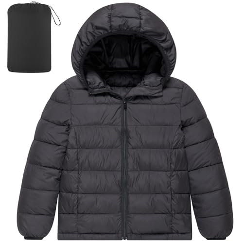 Image of Lovekider Teen Boys Puffer Jacket 14-16 Years Old Kids Winter Coat Lightweight Down-alternative Black Jacket with Hooded Two Pockets for School