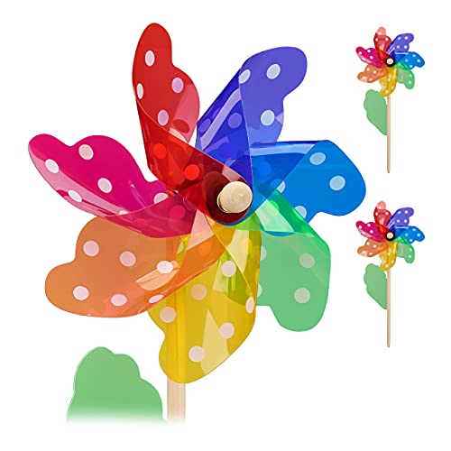 Relaxdays Windrad 4er Set, mit Pünktchennmuster und Dekoblatt, Windmühle für Garten, Balkon & Terrasse, Holz/PP, bunt