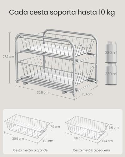 Miniatura 8 de Songmics Organizador De Cocina, Estantería De 2 Niveles Extraíbles Para Armario, Organizador Apilable Bajo El Fregadero Con Cajones, Para Cocina, Baño, Gris Paloma Kcs017e01v1