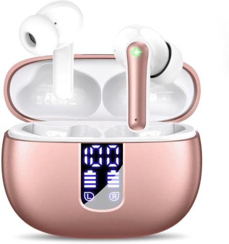 Haqquio Wireless Earbuds, Bluetooth Headphones with Deep Bass Stereo, 48H Playback Ear Buds with LED Power Display, Lightweight, IPX7, in-Ear Earphones with Mic for iPhone/Android/iPad, Pink