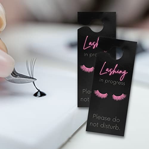 Lashing In Session Door Handle Hang Sign | 5 Pack | 3.5 X 8.5" Inches Large Door Hang Tag Size | Eyelash Extension Supplies | Lash Extension Business Supplies | Black Tag Design #TOP6