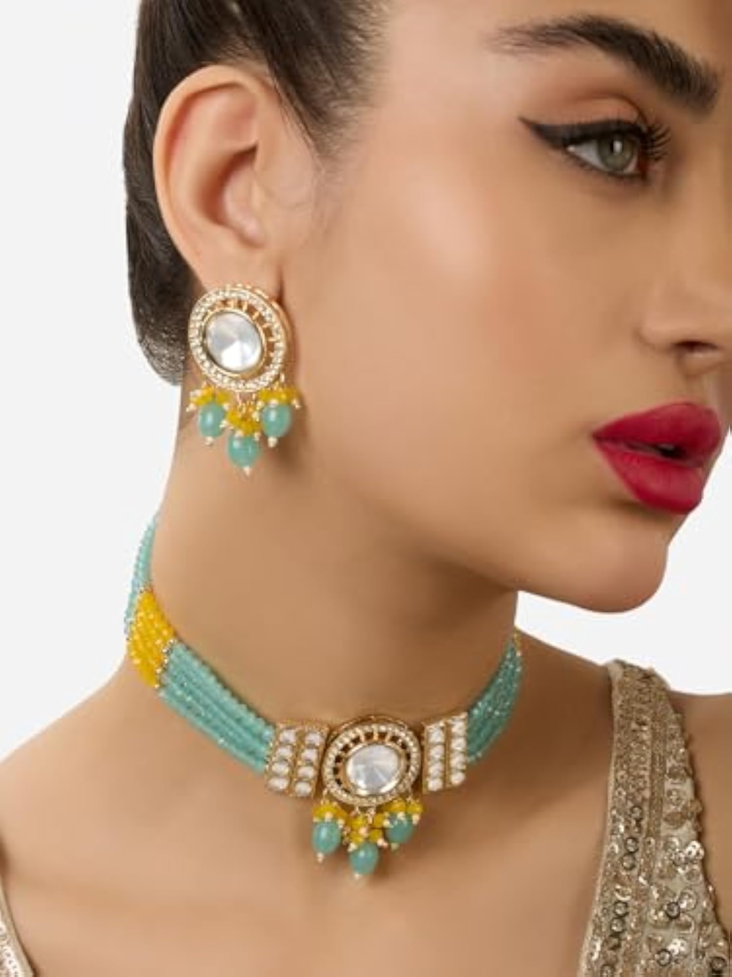 Multistrand Beaded Choker Necklace & Earring Set - ZPFK17640