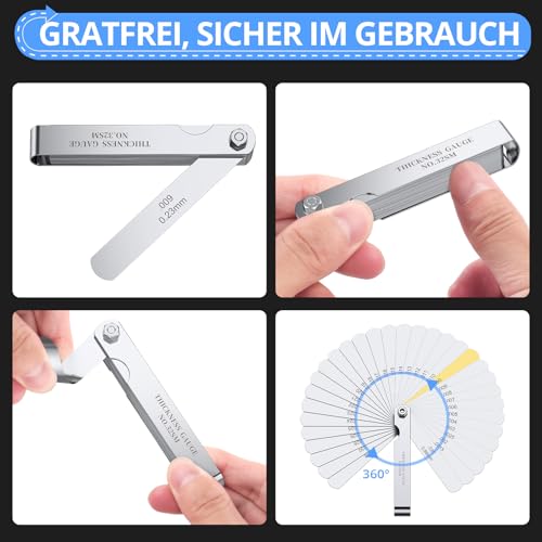 CAMWAY Stainless Fühlerlehren, 32 Klingen Edelstahl Klingen Hochpräziser Fühlerlehre Metrische/Imperial Werkzeug zur Messung für Messung Gap Breite/Dicke/metrisch Größen, 0,04-0,88 mm