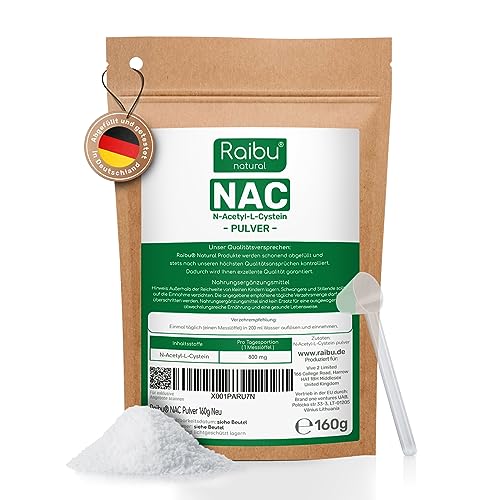 Raibu NAC Pulver 160g pro Beutel I 6 Monatsvorrat - NAC Acetyl-L-Cystein in hoher Bioverfügbarkeit I N-Acetyl-Cystein Pulver rein und ohne Zusätze in Deutschland produziert