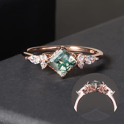 Gem's Beauty Green Moss Agate Rings 14K Gold/14K Rose Gold Three Stone Engagement Ring in 925 Sterling Silver Women's Gold Ring Gifts for Her2