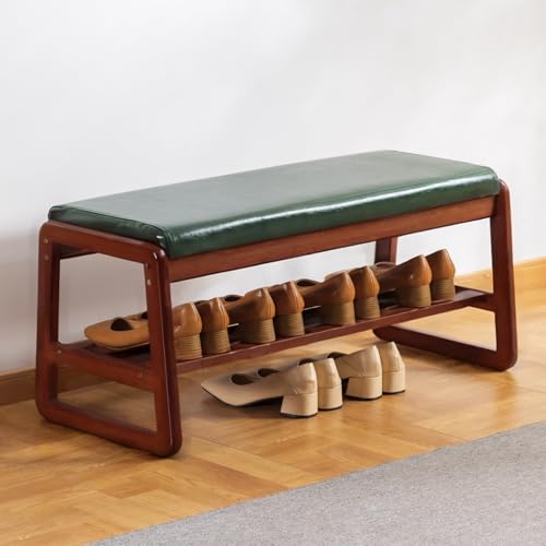 latifolia Solid Wood Bench, Entryway Shoe Bench with Cushion, 2 Tier Shoe Storage Organizer for Hallway, Living Room(Green,31.50”L)
