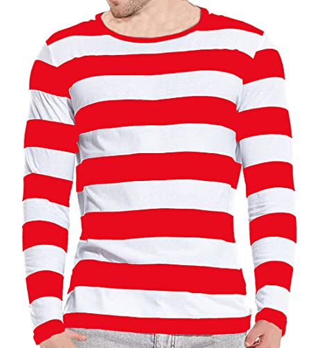 Ezsskj Camiseta de rayas blancas y negras de los hombres para pugsley Addams Party wear Cosplay wear, Negro y rojo largo, Small