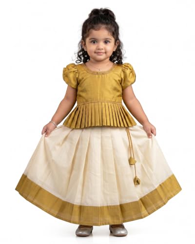 Image of Stanwells Kids Baby Girl Dress Cream Gold Pattu Pavadai Cotton Silk Lehenga Choli Kerala Kasavu South Indian Onam Festival Traditional Ethnic Wear