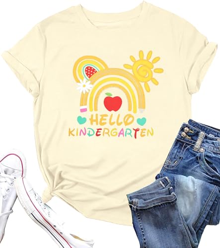 Kindergarten Teacher Shirts for Women Hello Kindergarten Shirt Rainbow Teacher T-Shirt First Day of School Tee Tops