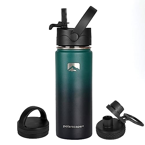Polarscape Vacuum Insulated Stainless Steel Sports Water Bottle with Straw - Includes 3 Lids, 2 Straws, and Straw Brush - Wide Mouth, Double-Walled, BPA Free, Leak Proof - 500ml Forest