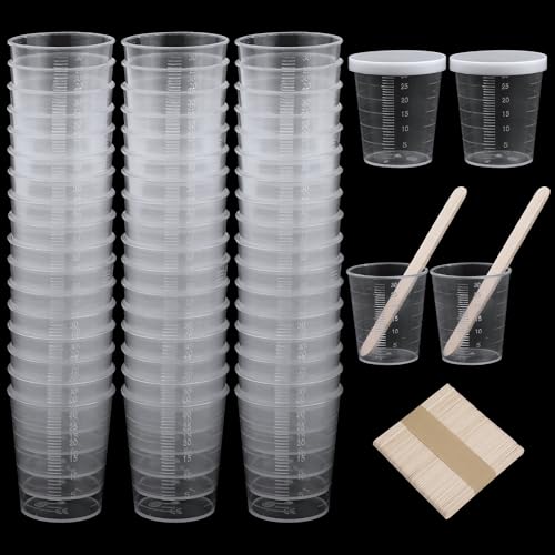 Small Measuring Cups, 30 ml Plastic Measuring Cups, Pack of 50 Measuring Cups, Small Plastic Mixing Cups, Plastic Measuring Cups with Wooden Sticks and Lid for Mixing Resin, Stain, Epoxy and Paint