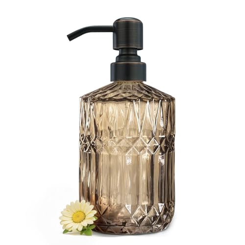 Brown Glass Soap Dispenser with Rust Proof Stainless Steel Pump Crystal Lotion Dispensers for Kitchen Amber Bathroom Glass Soap Dispensers with Oil Rubbed Bronze Pump