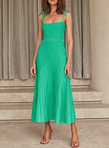 Artfree Womens Ribbed Knit Summer Maxi Dresses Tie Straps Square Neck Party Long Dress Green M #TOP6